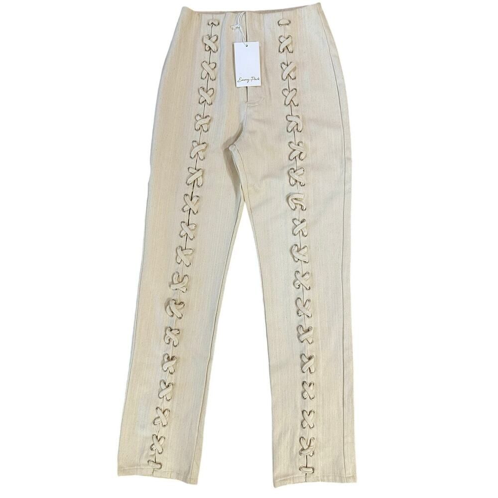 NWT Ivory Denim Lace Up High Rise Jeans Bareback 90s Y2K Women SZ 24x29 XS Pants